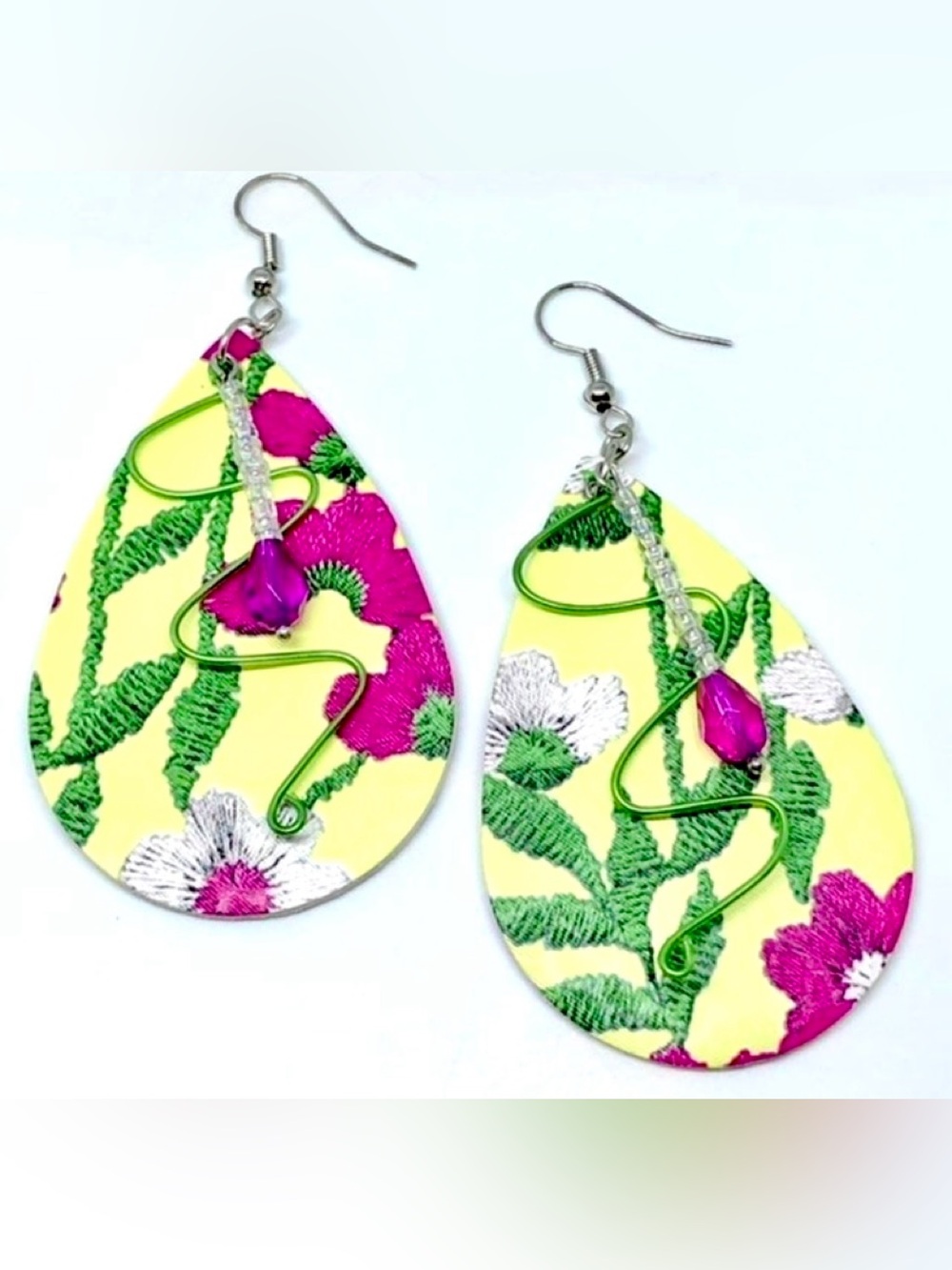 Yellow Pink Green Floral Vegan Faux Leather Teardrop Wire Bead Accent Earrings